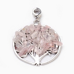 Natural Rose Quartz European Dangle Charms, Large Hole Pendants, with Antique Silver Plated Alloy Findings, Flat Round with Tree, 54.5mm, Hole: 4.5~5mm, Pendant: about 42.5~43x38.5~39.5x5~6mm(PALLOY-JF00353-03)
