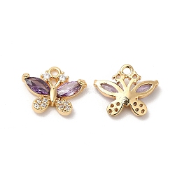 Real 18K Gold Plated Brass Pendant, with Glass, Butterfly Charms, Medium Purple, 10.5x13x3.3mm, Hole: 1.2mm(KK-B074-72G-03)