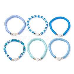 Handmade Polymer Clay with Natural Trochid Shell/Trochus Shell Beaded Stretch Bracelets for Women, Mixed Color, Heart, 1/4 inch(0.6cm), Inner Diameter: 2-1/2 inch(6.2cm), 6pcs/set(BJEW-JB10203-01)
