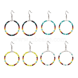 4 Pairs 4 Color Glass Seed Beaded Big Circle Dangle Earrings Set, 316 Surgical Stainless Steel Wire Wrap Jewelry for Women, Mixed Color, 58~59mm, Pin: 0.6mm, 1 Pair/color(EJEW-TA00178)