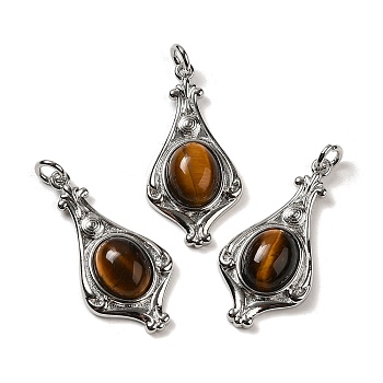 Natural Tiger Eye Pendants, Teardrop Charms with Rack Plating Platinum Tone Brass Findings, Cadmium Free & Lead Free, 30x14.5x5.7mm, Hole: 2.7mm
