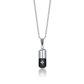 Two Tone 316L Stainless Steel Pill with Cross Urn Ashes Pendant Necklace with Cable Chains, Memorial Jewelry for Men Women, Electrophoresis Black & Stainless Steel Color, 19.69 inch(50cm)