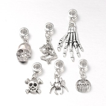 Halloween Tibetan Style Alloy European Dangle Charms, Mixed Shapes, Antique Silver, 26~47mm, Hole: 5mm