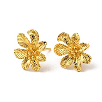 Rack Plating Brass Flower Stud Earrings for Women, Real 18K Gold Plated, 15x17mm, Pin: 0.8mm