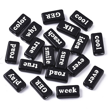 Opaque Acrylic Beads, with Enamel, Rectangle with Words, White, Black, 15x7.5x5mm, Hole: 3mm