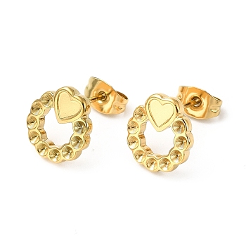 Ion Plating(IP) 304 Stainless Steel Stud Earring Findings, Earring Settings for Rhinestone, Ring with Heart, Real 18K Gold Plated, 11x10mm, Pin: 0.7mm, Fit for Rhinestone: 1.5mm