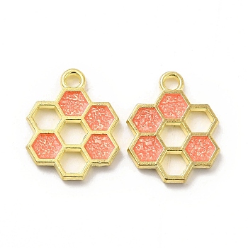 Alloy Enamel Pendants, Honeycomb Charm, Golden, Light Salmon, 19x15x1.5mm, Hole: 2mm