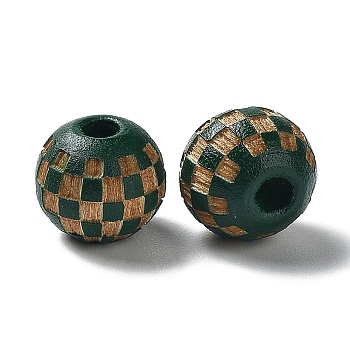 Wood Laser Engraved Tartan Beads, Round, Dyed, for DIY Craft, Dark Green, 9.5~10x8.5mm, Hole: 3mm