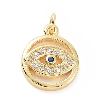 Brass Micro Pave Cubic Zirconia Pendants, with Jump Ring, Flat Round with Evil Eye Charm, Golden, 15.5x12.5x2.5mm, Hole: 2.8mm
