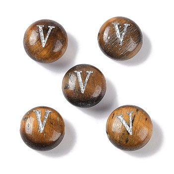 Natural Tiger Eye Beads, Rondelle with Letter, Letter V, 8.5~9x5~5.5mm, Hole: 1.2mm