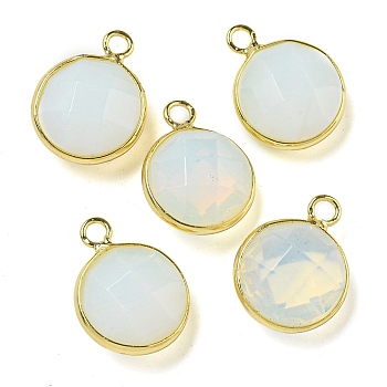 Faceted Opalite Pendants, Rack Plating Brass Flat Round Charms, Golden, Cadmium Free & Lead Free, 17x13.5x7.5mm, Hole: 2mm