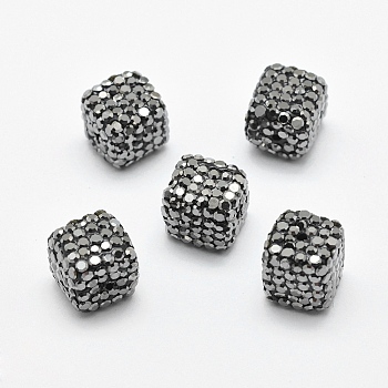 Polymer Clay Rhinestone Beads, Cube, Hematite, 10~11x10~11x10~11mm, Hole: 1.5mm