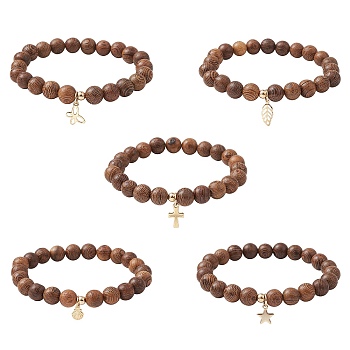 5Pcs 5 Style Natural Wenge Wood Round Beaded Stretch Bracelets Set, with 304 Stainless Steel Charms, Cross & Leaf & Butterfly, Golden, Inner Diameter: 2-1/4 inch(5.8cm), 1Pc/style