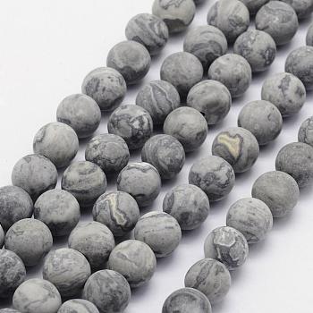 Natural Map Stone/Picasso Stone/Picasso Jasper Beads Strands, Frosted, Round, 7.5~8mm, Hole: 1mm, about 47pcs/strand, 15.3 inch(39cm)