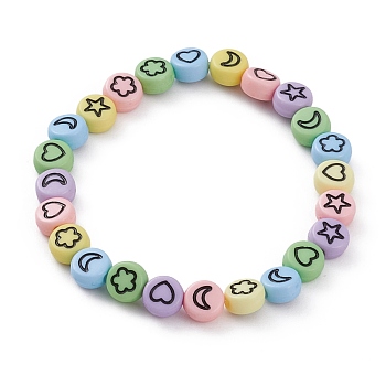 Kid Bracelets, Opaque Acrylic Enamel Beads Stretch Bracelets, Flat Round with Moon & Heart & Flower Pattern, Colorful, Inner Diameter: 2 inch(5cm)
