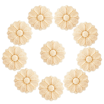 12Pcs Wood Timber Carved Onlay Applique, Center Flower Long Applique, for Door Cabinet Bed Unpainted Decor European Style, BurlyWood, 30x7mm
