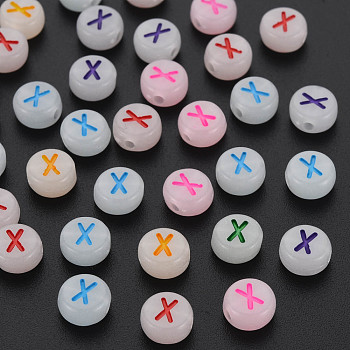 Acrylic Beads, Glow in the Dark, with Enamel and Luminous, Horizontal Hole, Flat Round with Alphabet, Letter.X, 6.5x7x4mm, Hole: 1.6mm, about 3600pcs/500g