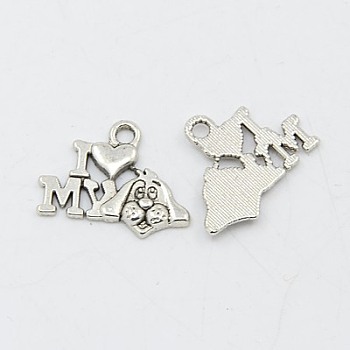 Tibetan Style Alloy Puppy Pendants, Word I Love My Dog with Dog Head, Antique Silver, Lead Free and Cadmium Free, 14x18x2mm, Hole: 2mm