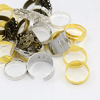 Adjustable Mixed Style Brass Finger Ring Settings, Mixed Color, 16~19mm, Tray: 8~32x8~24mm
