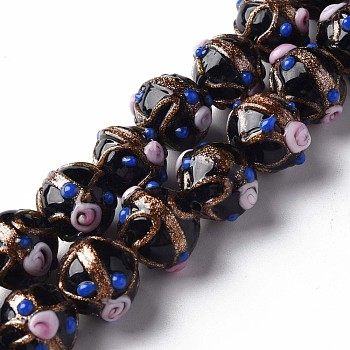 Handmade Gold Sand Lampwork Beads Strands, Round with Flower, Black, 13~15x11~13mm, Hole: 1.6mm, about 45pcs/strand, 20.47 inch~21.06 inch(52cm~53.5cm)