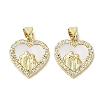 Brass Micro Pave Clear Cubic Zirconia Pendants, with Shell, Real 18K Gold Plated, Human, Heart, 18x16.5x2.5mm, Hole: 3.5x5mm