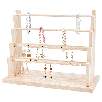 4-Tier Wood Earring Display Organizer Holder, Earring Risers with 2Pcs Flat Bars and 2Pcs Round Bars, Blanched Almond, Finished Product: 15x34x27cm, about 12pcs/set