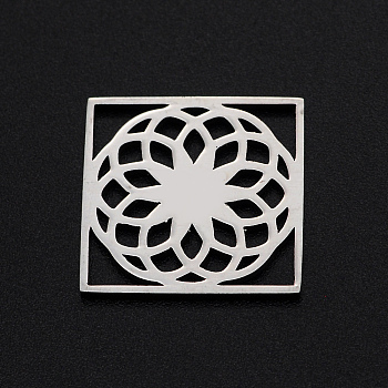 201 Stainless Steel Filigree Joiners Links, Laser Cut, Square with Flower of Life, Stainless Steel Color, 18x18x1mm