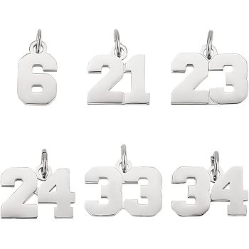 Unicraftale 6Pcs 6 Style 316 Surgical Stainless Steel Charms, with Jump Rings, Nember, Stainless Steel Color, 12~14x8~17x2mm, Hole: 4mm, 1pc/style 