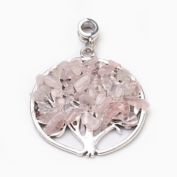 Natural Rose Quartz European Dangle Charms, Large Hole Pendants, with Antique Silver Plated Alloy Findings, Flat Round with Tree, 54.5mm, Hole: 4.5~5mm, Pendant: about 42.5~43x38.5~39.5x5~6mm