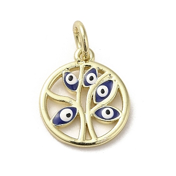 Brass Enamel Charms, with Jump Ring, Real 18K Gold Plated, Flat Round with Tree & Evil Eye Charm, Midnight Blue, 15x13.5x1.4mm, Hole: 3.6mm