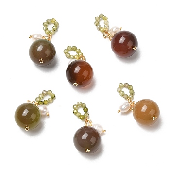 Natural Agate Round Pendant Decorations, with Natural Pearl Beads and Brass Findings, Real 14K Gold Plated, 27mm