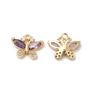 Real 18K Gold Plated Brass Pendant, with Glass, Butterfly Charms, Medium Purple, 10.5x13x3.3mm, Hole: 1.2mm