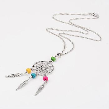 Woven Net/Web with Feather Tibetan Style Alloy Pendant Necklaces, with Wood Beads and Alloy Lobster Clasps, Colorful, 19.6 inch
