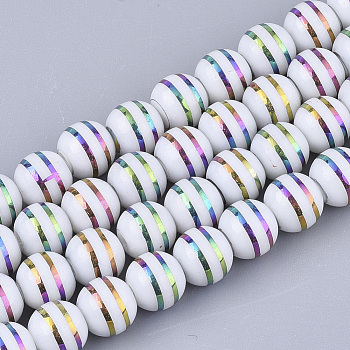Electroplate Glass Beads Strands, Round with Stripe, Colorful, 8x7.5mm, Hole: 1.2mm, about 40pcs/strand, 11.8 inch