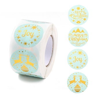 Christmas Themed Flat Round Roll Stickers, Self-Adhesive Paper Gift Tag Stickers, for Party, Decorative Presents, Pale Turquoise, Christmas Themed Pattern, 38x0.1mm, about 500pcs/roll