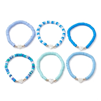 Handmade Polymer Clay with Natural Trochid Shell/Trochus Shell Beaded Stretch Bracelets for Women, Mixed Color, Heart, 1/4 inch(0.6cm), Inner Diameter: 2-1/2 inch(6.2cm), 6pcs/set