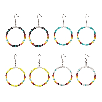 4 Pairs 4 Color Glass Seed Beaded Big Circle Dangle Earrings Set, 316 Surgical Stainless Steel Wire Wrap Jewelry for Women, Mixed Color, 58~59mm, Pin: 0.6mm, 1 Pair/color