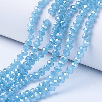 Electroplate Glass Beads Strands, Imitation Jade Beads, Pearl Luster Plated, Faceted, Rondelle, Light Sky Blue, 10x8mm, Hole: 1mm, about 60~61pcs/strand, 46~48cm