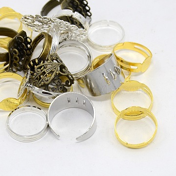 Adjustable Mixed Style Brass Finger Ring Settings, Mixed Color, 16~19mm, Tray: 8~32x8~24mm(KK-X0075)