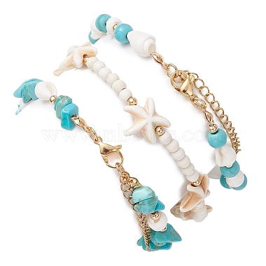 3pcs 3 styles bracelets de cheville en perles de magnésite synthétique et de turquoise en forme d'étoile de mer(AJEW-TA00030)-5