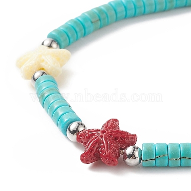 Dyed Synthetic Turquoise(Dyed) Heishi Beaded Bracelets with Dyed Synthetic Coral Starfish(BJEW-JB09194-01)-4