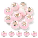 Glass European Beads, Large Hole Beads, with Silver Tone Brass Double Cores, Faceted Rondelle, Pink, 14x9mm, Hole: 5mm(GPDL-YW0001-02C)