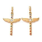 304 Stainless Steel Rhinestone Big Pendants, Cross with Wings Charms, Ion Plating(IP), Golden, 55mm, Hole: 3x6mm(RB-CBA5CCB-05A-G)