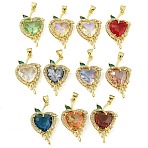 Rack Plating Brass Micro Pave Clear Cubic Zirconia Pendants, with Glass, Long-Lasting Plated, Cadmium Free & Lead Free, Real 18K Gold Plated, Heart Charms, Mixed Color, 30x17x9.5mm, Hole: 4.5x3.5mm(ZIRC-L100-162G)