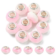 Glass European Beads, Large Hole Beads, with Silver Tone Brass Double Cores, Faceted Rondelle, Pink, 14x9mm, Hole: 5mm(GPDL-YW0001-02C)