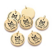 316 Surgical Stainless Steel Pendants, with Jump Rings and Enamel, Flat Round & Cat & Word Lucky, Black, Golden, 15x0.8mm, Hole: 2.8mm, jump rings: 4x0.6mm(X-STAS-I164-016G)