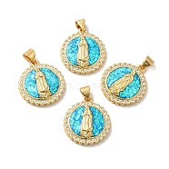 Rack Plating Brass Micro Pave Cubic Zirconia with Synthetic Opal Pendants, with Jump Ring, Lead Free & Cadmium Free, Long-Lasting Plated, Flat Round with Saint, Real 18K Gold Plated, 21.5x19.5x4.1mm, Hole: 5x3.6mm(KK-D088-13G)