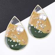 Epoxy Resin Pendants, with ABS Plastic Imitation Pearl and Shell, Brass Findings and Enamel, teardrop, Golden, Gold, 47x30x6mm, Hole: 1.5mm(X-RESI-S365-57D)