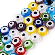 Handmade Evil Eye Lampwork Beads Strands, Flat Round, Mixed Color, 8x3.5~4mm, Hole: 0.8mm, about 47~50pcs/strand, 14.88~15.24 inch(37.8~38.7cm)(LAMP-N024-27D-M)