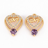 Brass Micro Pave Colorful Cubic Zirconia Pendants, Heart with Love, Real 18K Gold Plated, 18.5x14x5.5mm, Hole: 1.6mm(ZIRC-S068-052-NF)